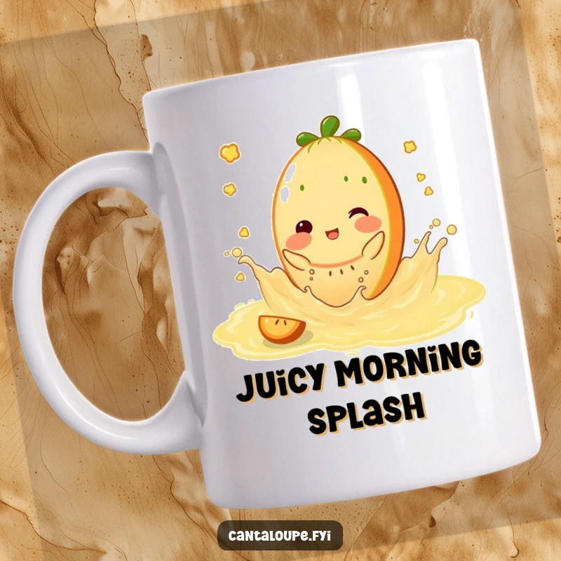 Funny Mug: Cantaloupe character happily splashing and playing in a pool of delicious, sweet juice, embodying pure joy.