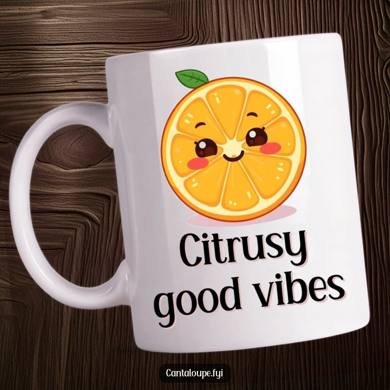 Funny Orange Slice Mug: A happy orange slice character with a wide grin, radiating positivity and cheer.