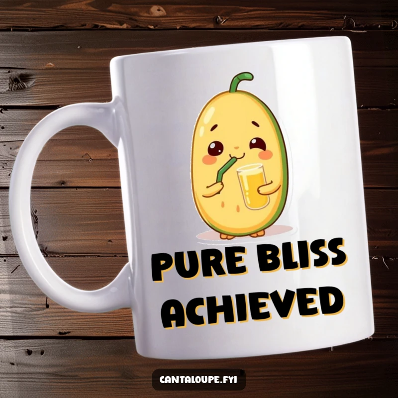 Funny mug featuring a cantaloupe character with closed eyes and a satisfied smile, leisurely sipping juice through a straw.
