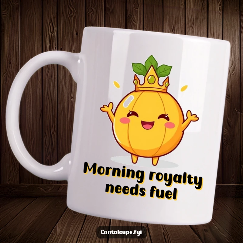 Funny Mugs: A cantaloupe in a tiny crown poses regally, radiating sunny joy. Ideal for a funny gift.