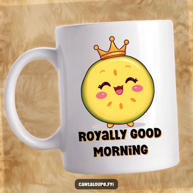 Funny mug with a delighted cantaloupe slice character wearing a tiny crown, exuding regal charm and fruity joy, a perfect gift.