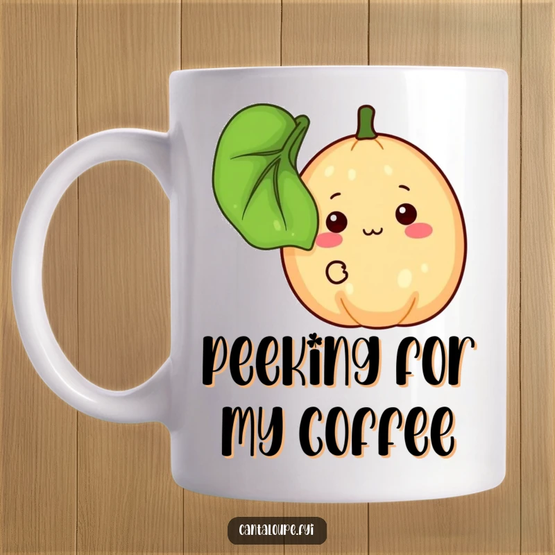 Funny Mugs: A shy cantaloupe peeks from behind a leaf with a timid smile. Ideal for a funny gift.
