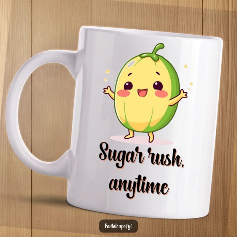 Funny Cantaloupe Mug showing a character doing a silly dance, sprinkled with sugar, exuding pure joy and sweetness.