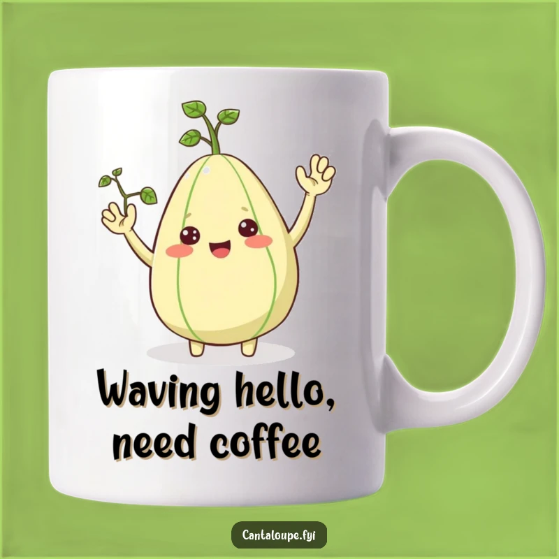 Funny Waving Cantaloupe Mug, Cheerful Fruit Character, The Perfect Hilarious Gift