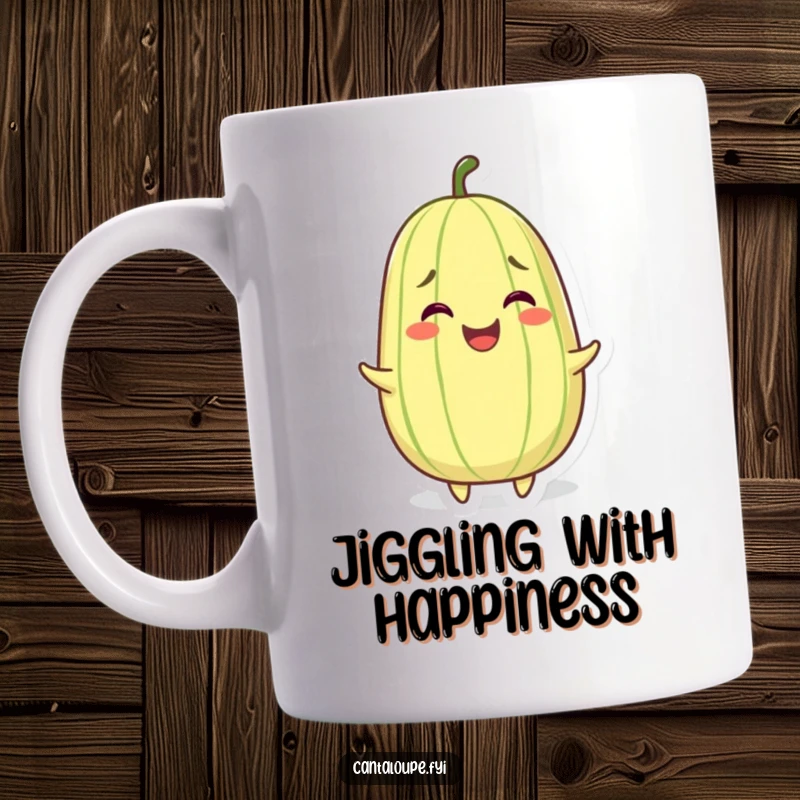 Funny mug featuring a grinning whole cantaloupe character hilariously wiggling with pure, unadulterated joy and happiness.
