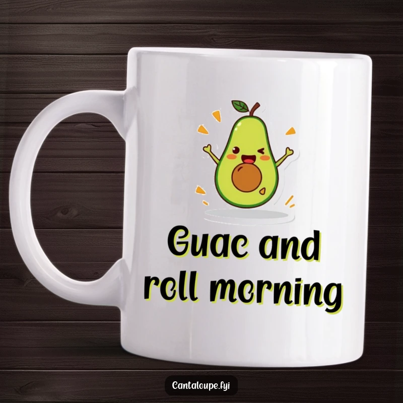 Funny Avocado Mug: A happy avocado character performing a silly, acrobatic stunt, bringing laughter and good vibes.