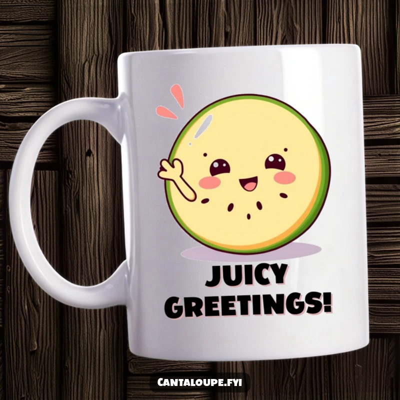 Funny mug with a jolly cantaloupe slice character cheerfully waving with a refreshing and friendly gesture.