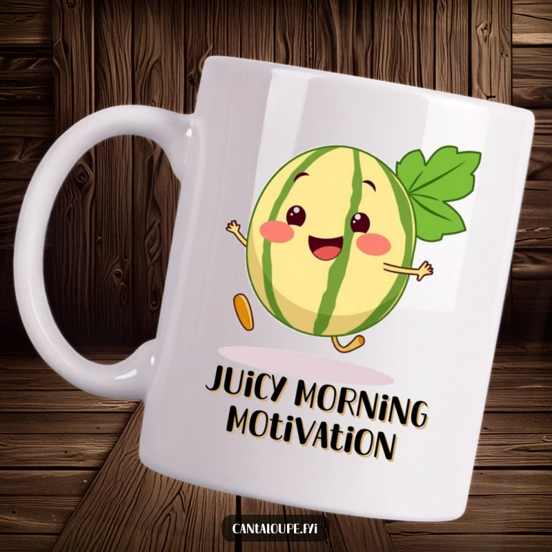Funny Cantaloupe Mug featuring a happy, segmented cantaloupe character joyfully taking a bouncy step, perfect for a cheerful start.