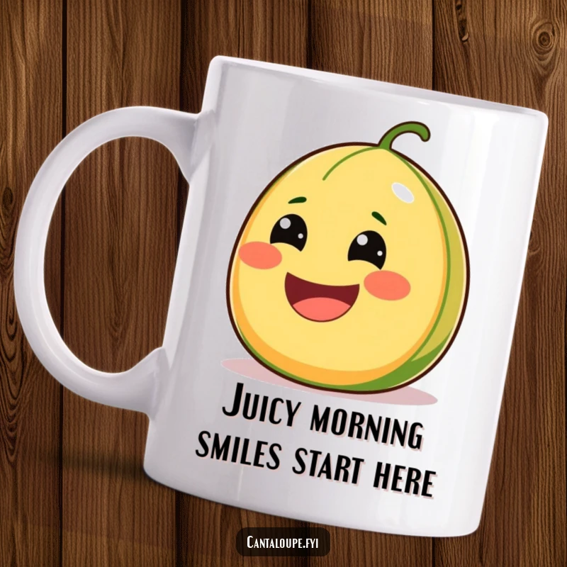 Funny Cantaloupe Mug showing a character with a comically wide smile, bursting with juiciness, bringing cheerful vibes.
