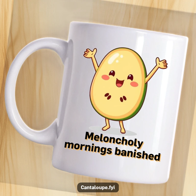 Funny cantaloupe slice character joyfully dancing with arms spread wide on a mug, celebrating fruit-themed humor.