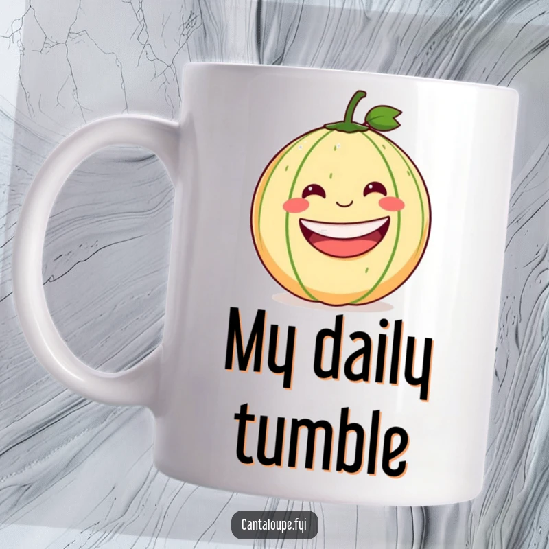 Funny Cantaloupe Mug: A round cantaloupe with a huge grin is depicted rolling downhill, conveying pure, unadulterated joy.