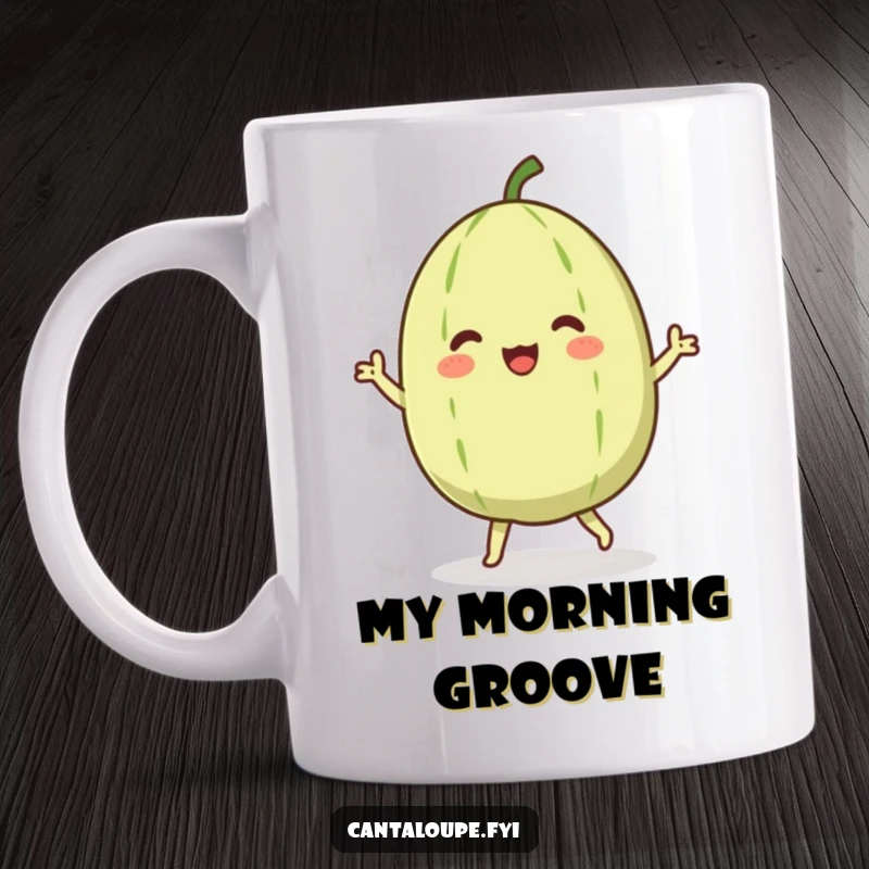 Funny mug featuring a jubilant cantaloupe character joyfully dancing with its body swaying in pure mirth, a delightful and humorous illustration.