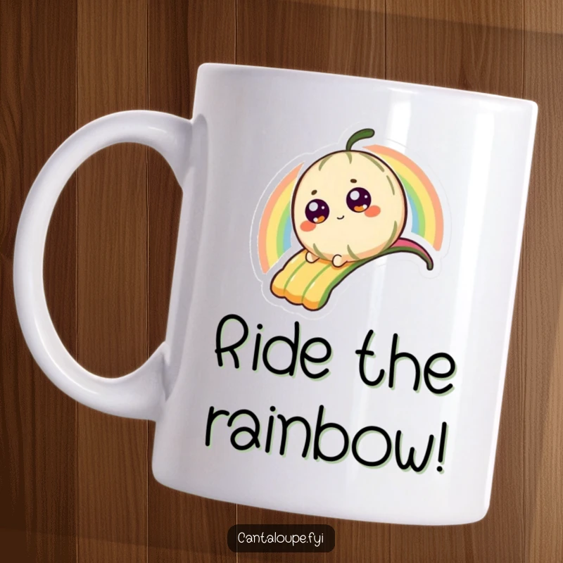 Funny Mug featuring a tiny, bright-eyed cantaloupe character gleefully sliding down a vibrant, colorful rainbow.