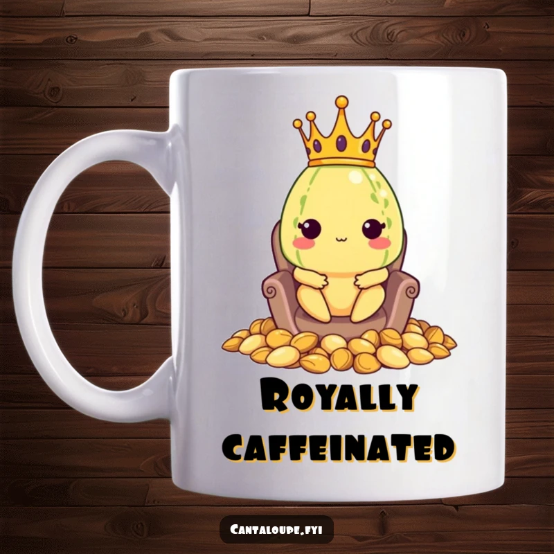 Funny mug showing a cantaloupe character adorned with a crown, sitting regally on a throne made of its own seeds, looking quite pleased.