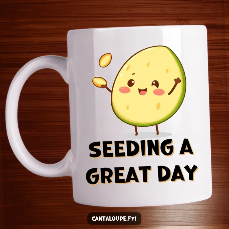 Funny Mug with a cheerful cantaloupe wedge character expertly juggling three tiny cantaloupe seeds, showcasing playful dexterity.