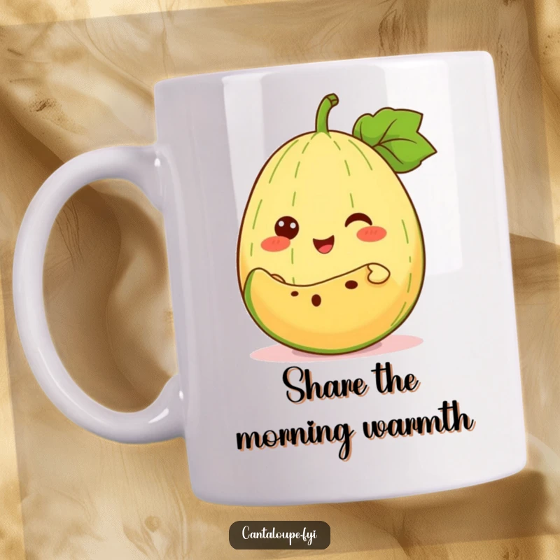 Funny Mug: An anthropomorphic cantaloupe cheerfully offers a slice of itself, embodying generosity and fruity fun.