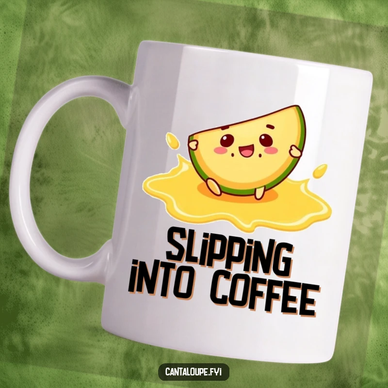 Funny mug showing a cantaloupe slice character comically slipping and falling on a puddle of cantaloupe juice.