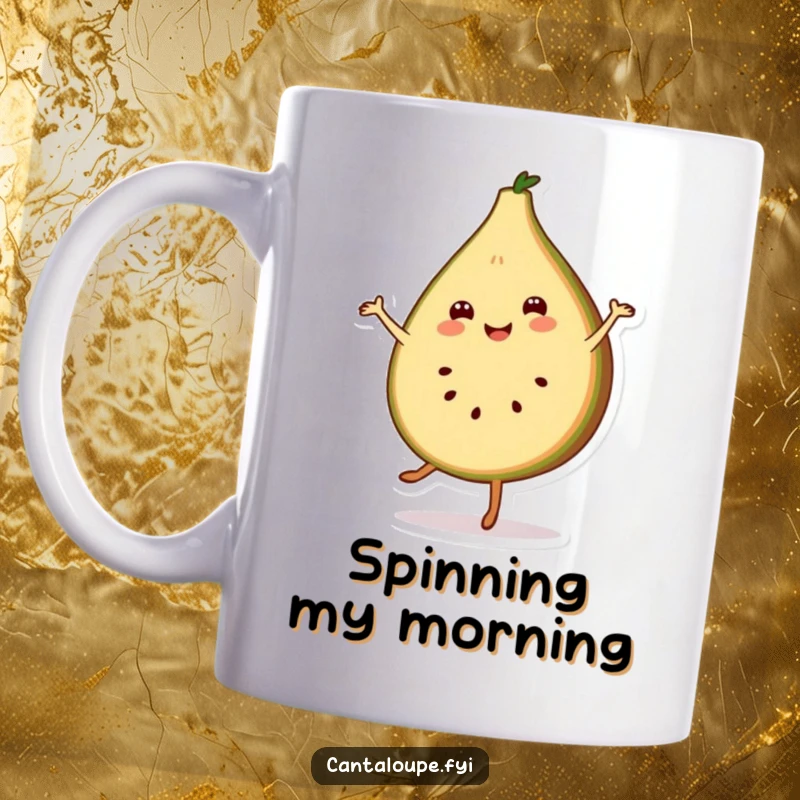 Funny mug featuring a smiling slice of cantaloupe character gracefully doing a cheerful pirouette with a joyful expression.