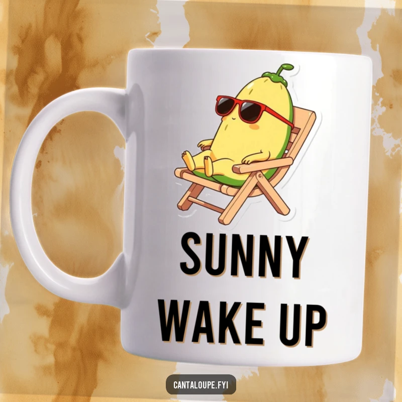 Funny mug featuring a cantaloupe character wearing sunglasses, relaxing on a rind beach chair, exuding ultimate cool and chill vibes.