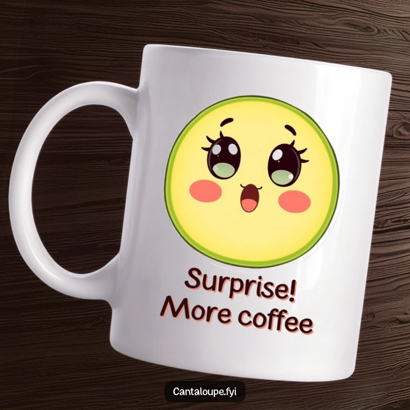 Funny Cantaloupe Slice Mug: A cantaloupe character stares with wide, watery, surprised eyes, capturing a moment of pure, hilarious shock. Great reaction mug.