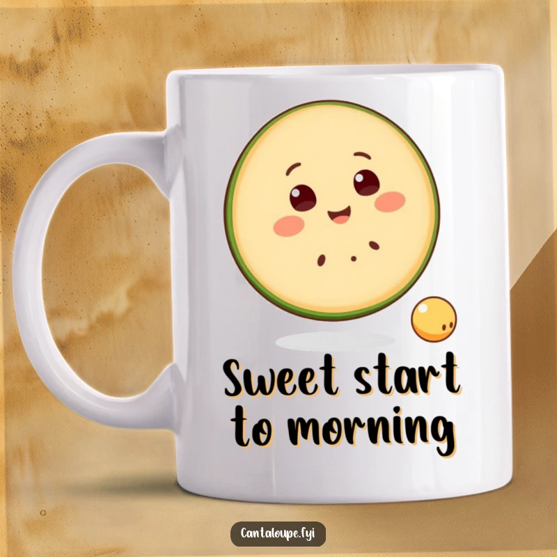 Funny Mug with a smiling cantaloupe slice character happily bouncing a small ball, radiating pure, cheerful energy.