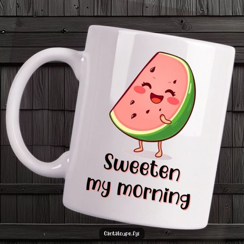 Funny mug with a smiling watermelon wedge character energetically wiggling, radiating summer vibes and pure, unadulterated fun.