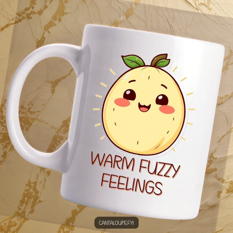 Funny Cantaloupe Mug: A cantaloupe character with a radiant smile, radiating warmth and happiness.