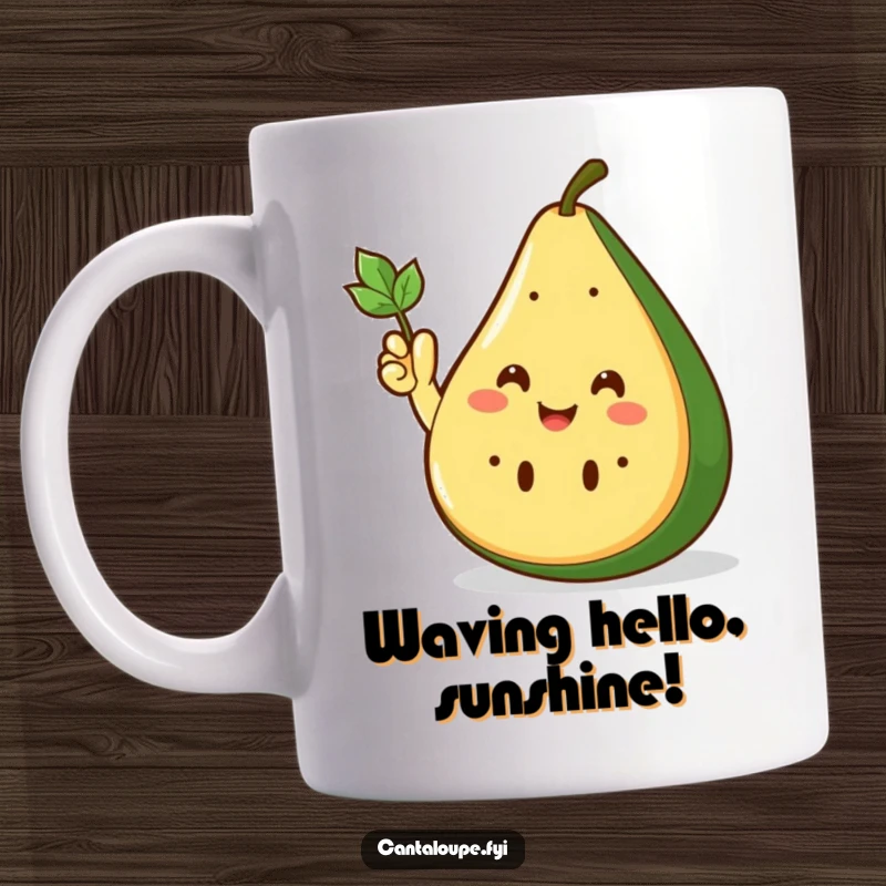Funny Mug featuring a smiling cantaloupe wedge enthusiastically waving with its adorable small leafy hand, radiating friendliness.
