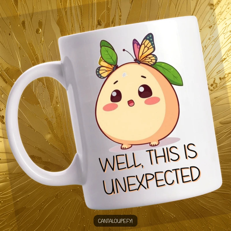 Funny mug featuring an anthropomorphic cantaloupe with wide eyes and an open mouth, startled by a butterfly landing on its head.