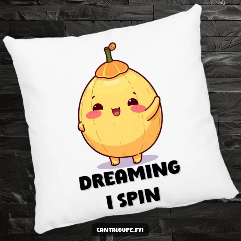 Funny pillow depicting a happy anthropomorphic cantaloupe character spinning a colorful top, adding playful decor.