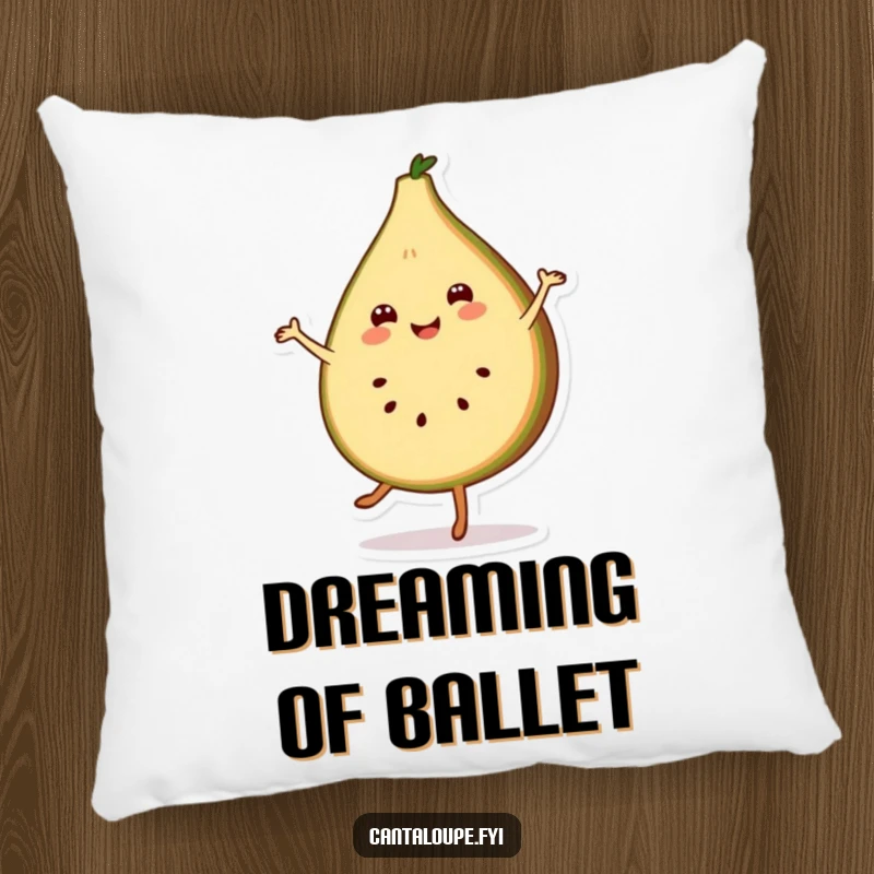 Funny pillow featuring a smiling cantaloupe slice character in a cheerful pirouette, perfect for cozy dance-themed rooms.
