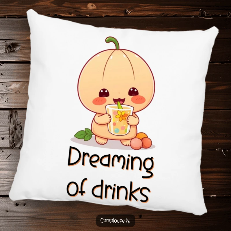 Funny pillow showing a cantaloupe character with closed eyes and a smile, happily slurping a vibrant drink.