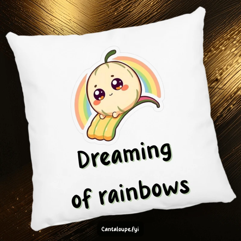 Funny Pillow with a small, happy cantaloupe character in mid-slide down a vivid rainbow, perfect for cheerful decor.