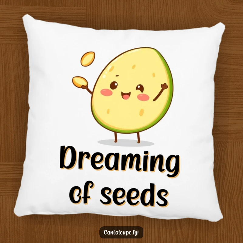 Funny Pillow with a cheerful cantaloupe wedge character juggling three tiny cantaloupe seeds, perfect for cozy, entertaining relaxation.