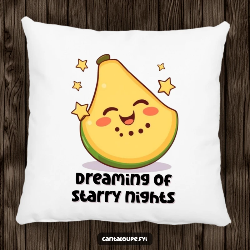 Funny Pillow displaying a contented cantaloupe slice, its wide smile evident as it juggles two tiny, sparkly stars.