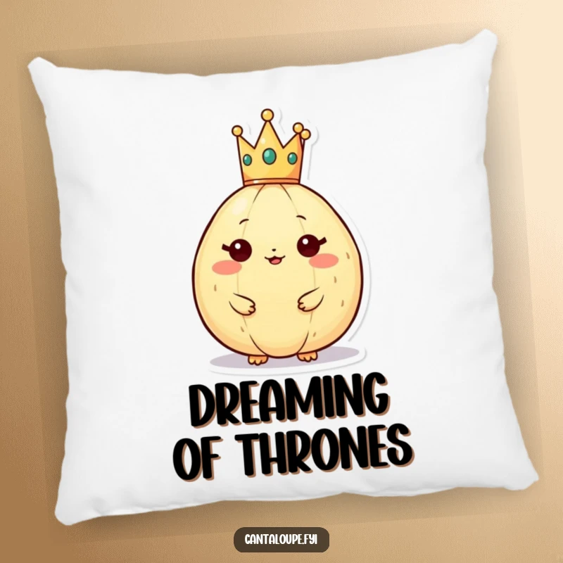 Funny cantaloupe character wearing a small crown, depicted on a plush pillow for regal comfort and humorous appeal.