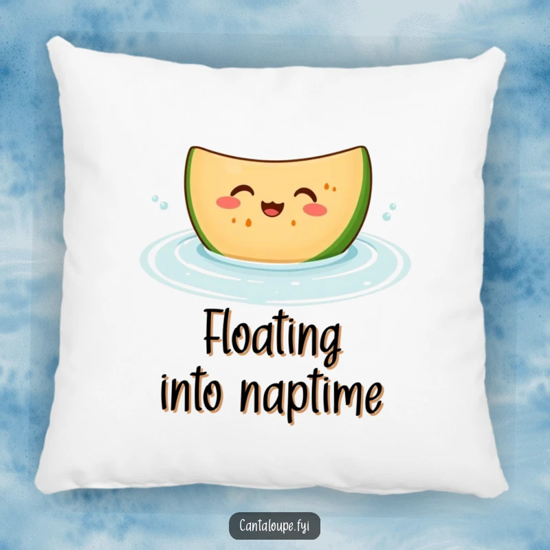 Funny pillow with a giggling cantaloupe slice character bobbing joyfully in water, perfect for adding a touch of whimsical fruit decor.