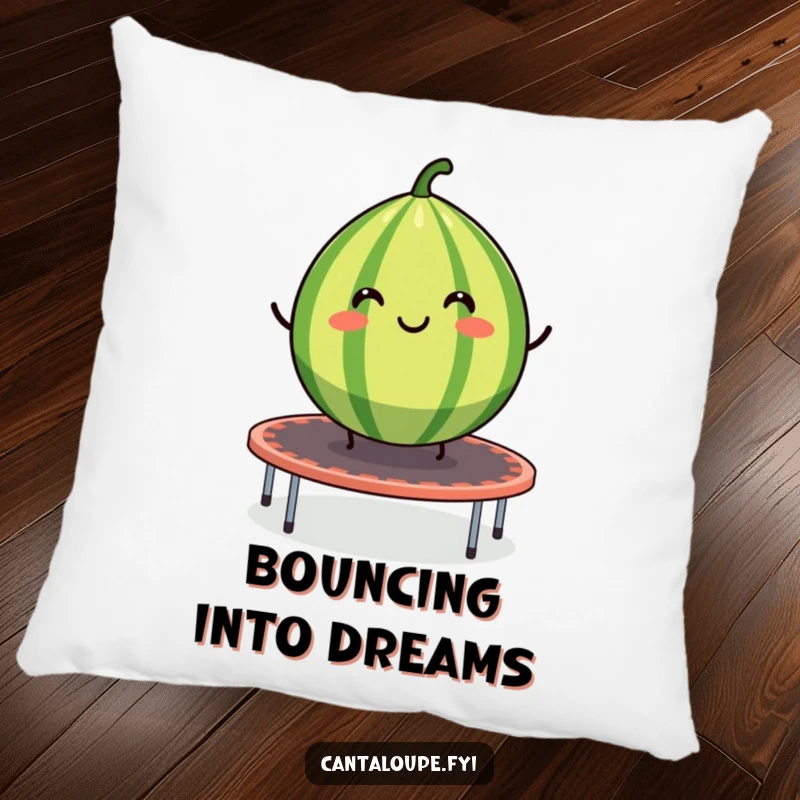 Funny pillow featuring a smiling cantaloupe segment bouncing on a trampoline, a humorous and comfortable decorative item.