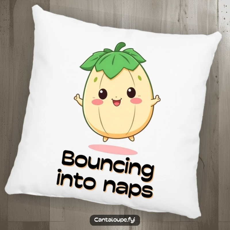 Funny Pillow featuring a happy cantaloupe character bouncing with delight, perfect for adding a touch of comfort and cheer.