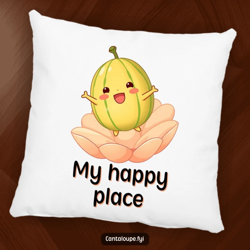 Funny cantaloupe character joyfully bouncing on a large petal, featured on a plush pillow for comfort and cheerful decor.