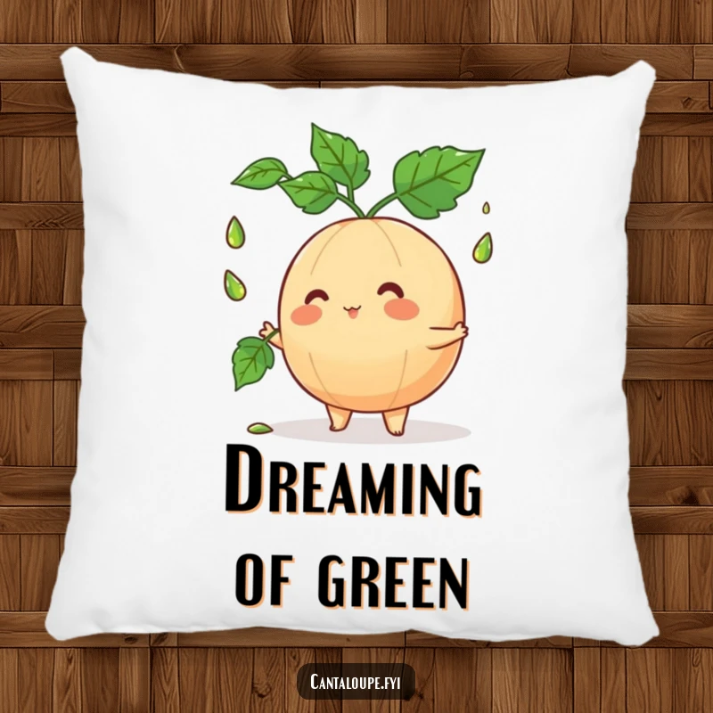Funny cantaloupe character in action juggling leaves, presented on a soft pillow for comforting chuckles and playful decor.