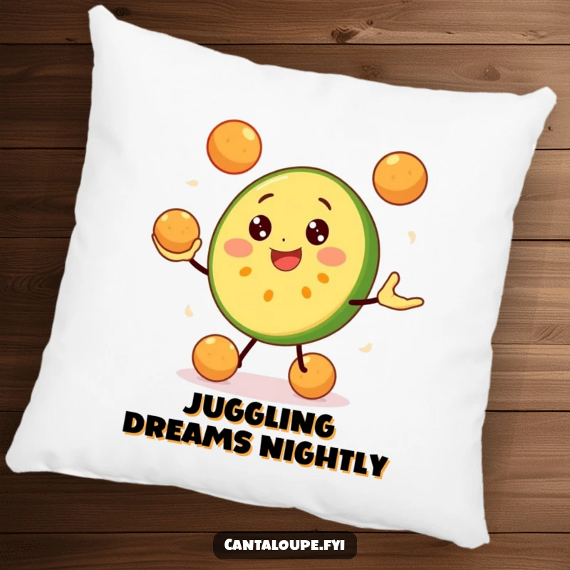 Funny Cantaloupe Slice Pillow: A cheerful cantaloupe character juggles melon balls, offering plush comfort and a dose of playful fun. Soft and humorous.