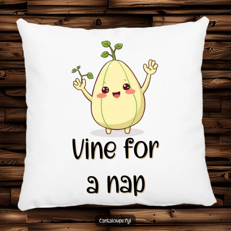 Funny Pillow: A cuddly cantaloupe with small vine arms waves hello, offering comfort and smiles. A sweet funny gift.