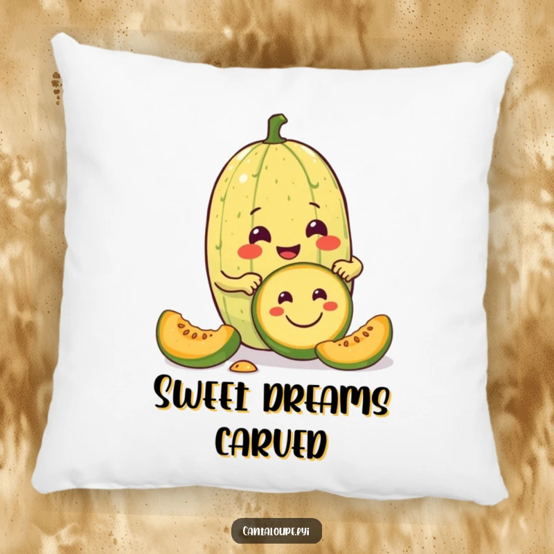 Funny pillow design showcasing a cantaloupe character enthusiastically carving a smiley face into another melon, illustrating artistic passion.