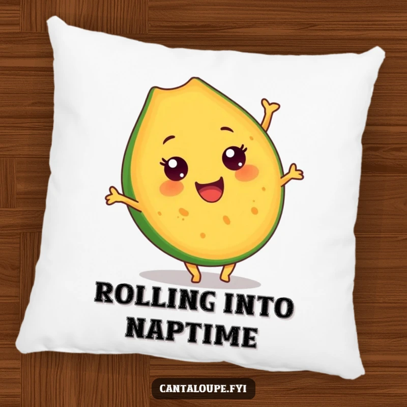 Funny Cantaloupe Slice Pillow: A plush cantaloupe slice character executes a playful somersault, offering comfort and a touch of silliness. Soft and funny.