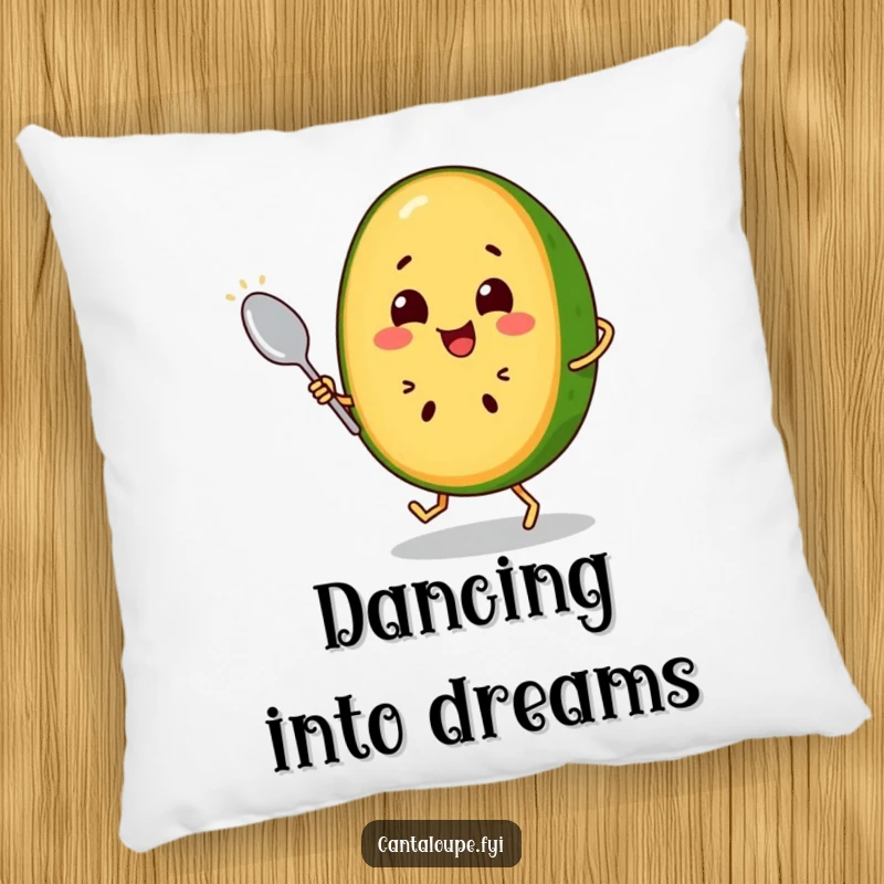 Funny Cantaloupe Slice Pillow: A happy cantaloupe character dances with a spoon, offering plush comfort and a dose of cheerful rhythm. Soft and fun.