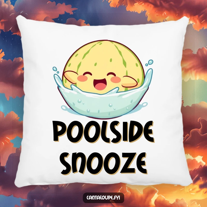 Funny pillow design showing a cantaloupe character executing a happy, splashy dive into cool blue water, bringing aquatic fun.