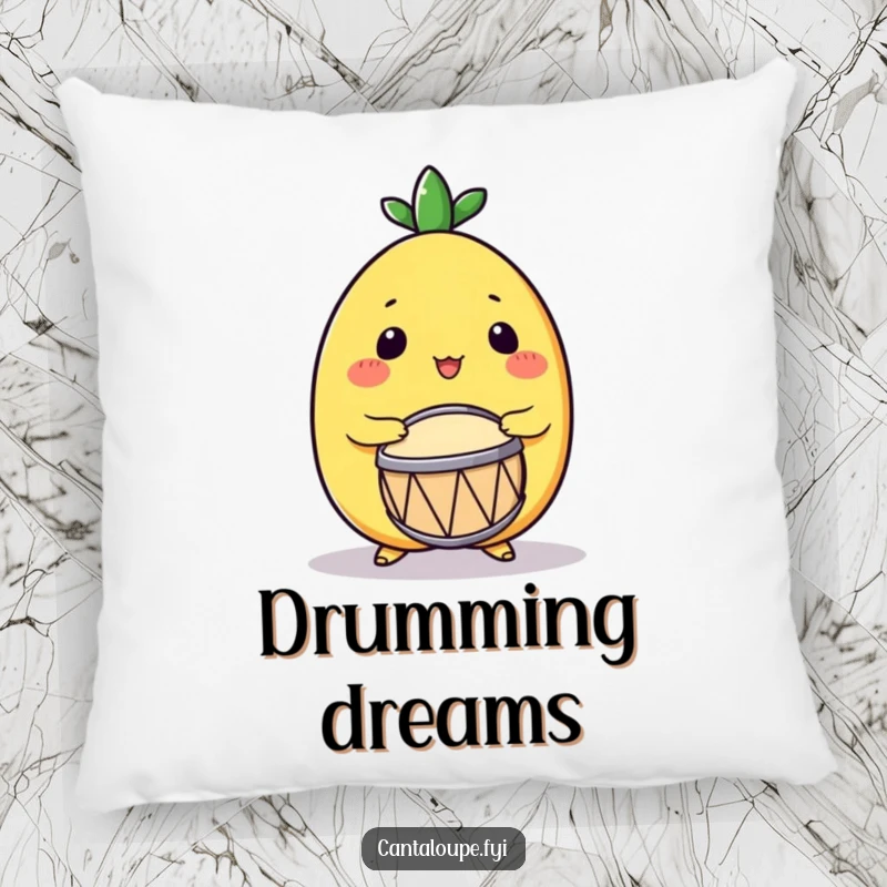 Funny Drumming Cantaloupe Pillow: A plush pillow featuring a cantaloupe character enthusiastically playing a small drum, for cozy musical enjoyment.