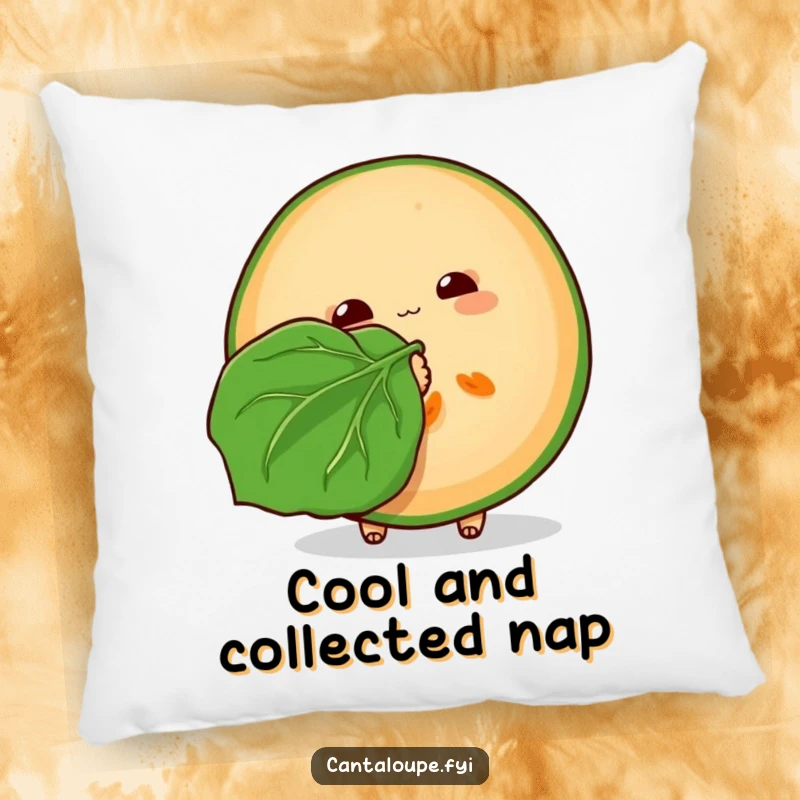 Funny Cantaloupe Pillow: A plush pillow showcasing a cantaloupe slice fanning itself with a leaf, offering comfort and cool humor.