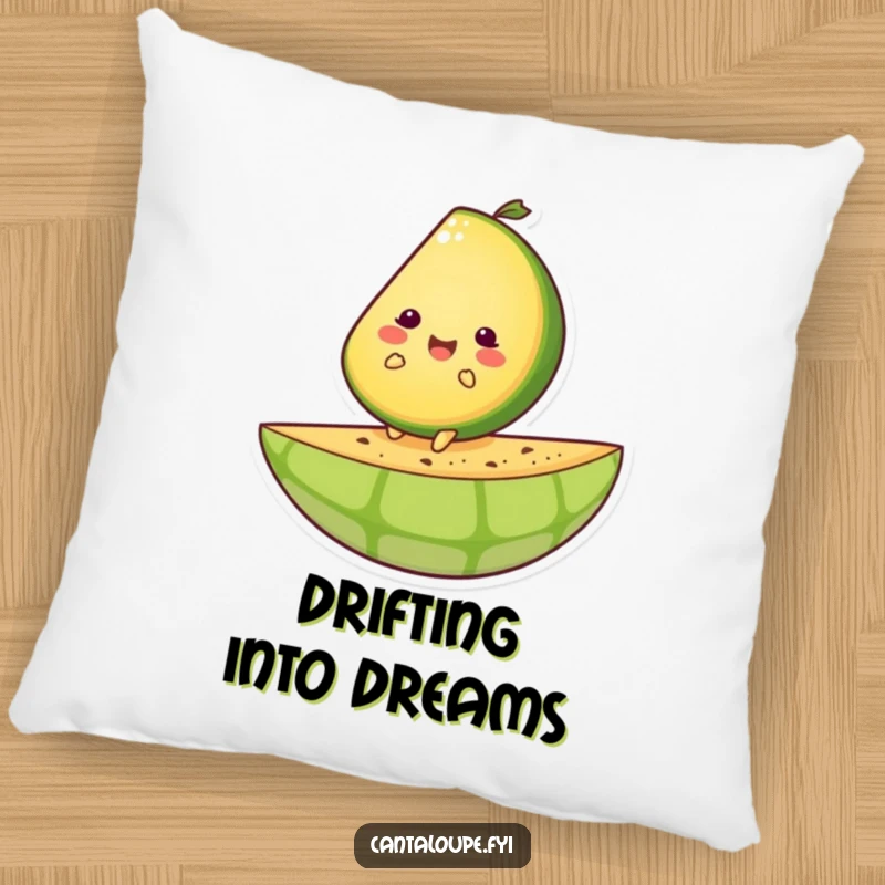 Funny pillow featuring a happy cantaloupe slice character joyfully riding a giant melon rind.